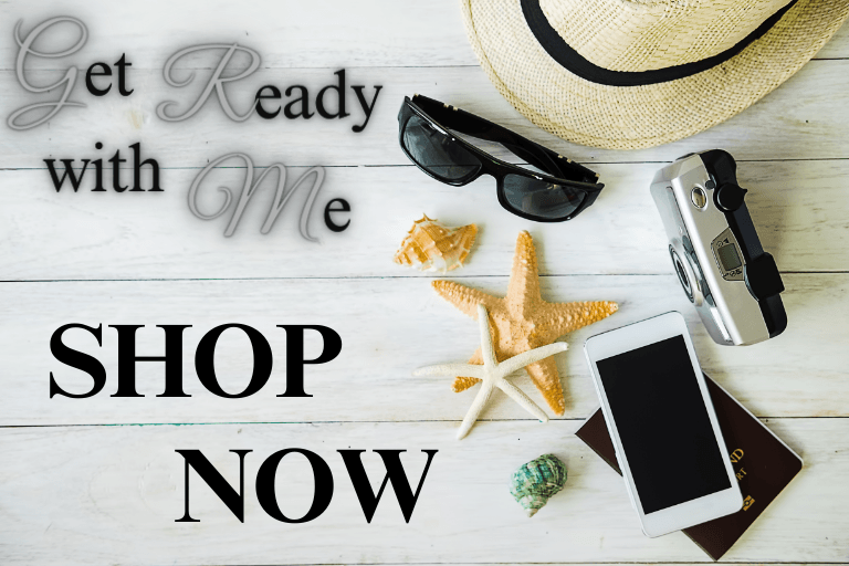 Get ready with me SHOP NOW" sign with a hat, sunglasses, a camera and star fish.