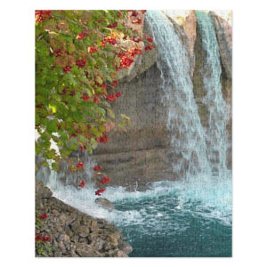 Harmony Jigsaw Puzzle featuring a seemingly blue waterfall accented by red and green plants, and rocks.