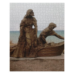 Two men in a boat with a backdrop of Lake Michigan makes this unique Men in a Boat Jigsaw Puzzle.