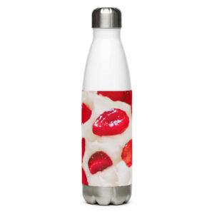 Strawberry Print Water Bottle made from stainless steel with a white finish.
