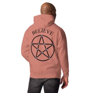 Dusty rose "Believe Pentacle Unisex Hoodie" with the word believe arched above unique pentacle.