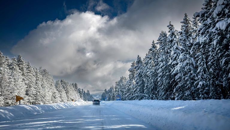 Snow covered highway between snow covered evergreens for my post on unusual winter travel mistakes.