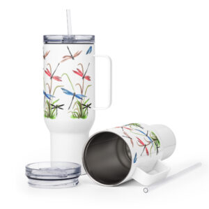 Travel tumbler featuring colorful dragonflies and tall green grass.