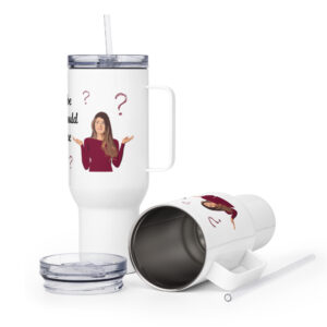 Woman shrugging with question marks on Could Be Travel Tumbler.